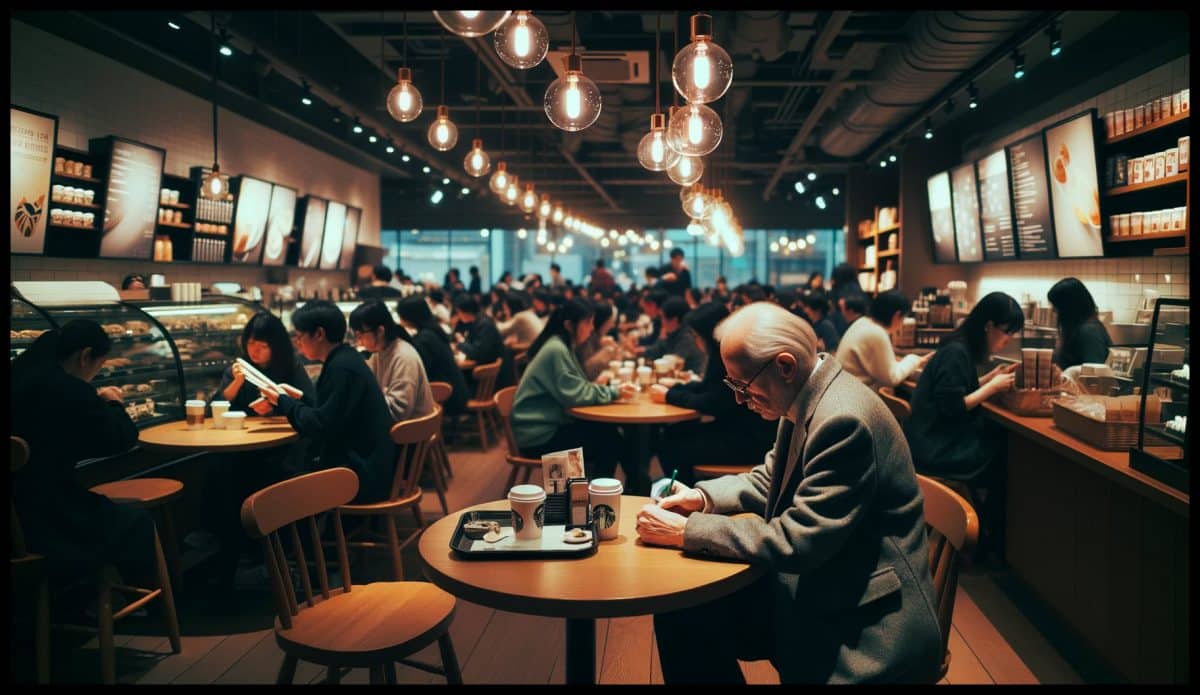 Gentleman sitting at a table in Starbucks.