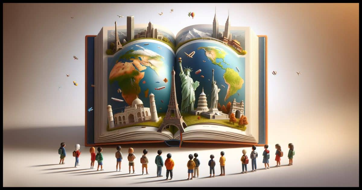 A simple, photorealistic image showcasing 'the whole world as a school'. The scene includes a single, large, open book with pages that transition into different landscapes across the globe. On one page, iconic landmarks like the Eiffel Tower, the Great Wall of China, and the Statue of Liberty are illustrated, symbolizing different regions of the world. Surrounding the book are small, diverse groups of children in casual clothes, representing students from various ethnic backgrounds. They are looking at the book with curiosity and excitement, depicting a global learning experience in a straightforward and clear manner.