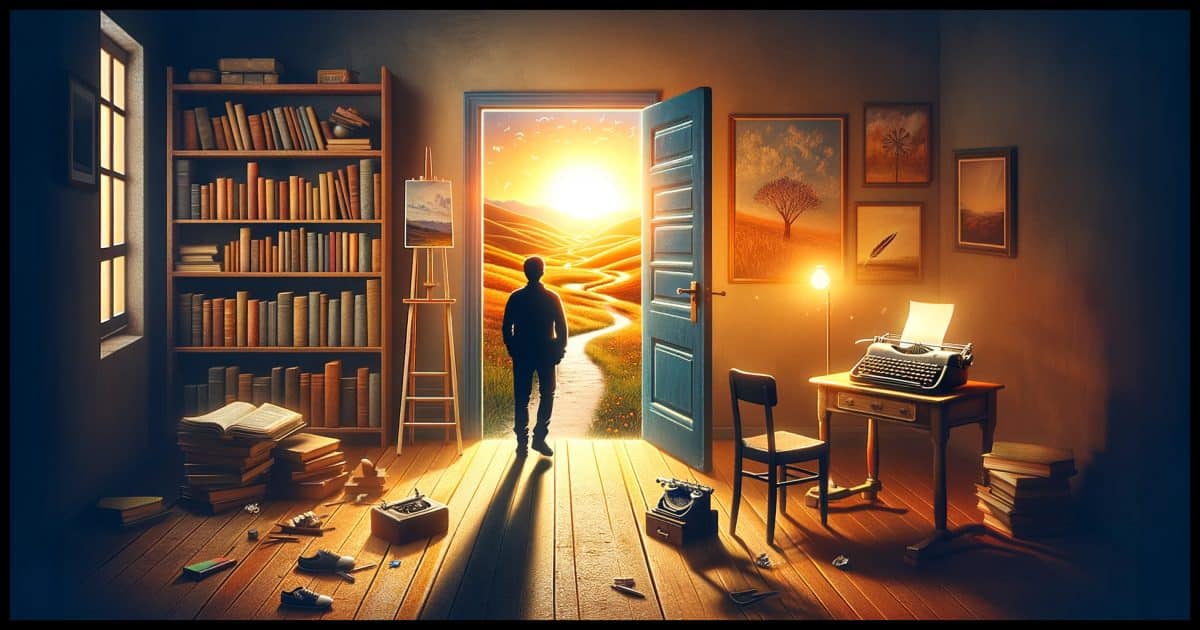 A person standing in the doorway of a cozy, well-lit room, filled with books and an art easel, representing comfort and familiarity. The door is open, and through it, we see a vast, inviting landscape bathed in the warm light of a setting sun. This landscape features rolling hills, a winding path leading into the distance, and perhaps a few adventurous items like a typewriter and a pair of running shoes placed on the path, symbolizing new opportunities and adventures. The person is silhouetted against the bright outside, hesitating but curious, on the brink of stepping out to explore the unknown.