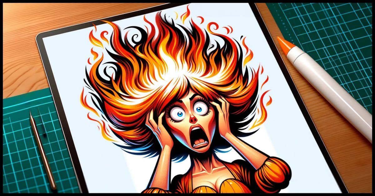 A cartoon-style drawing of a woman with an exaggerated expression of fright, her hair designed to resemble flames, encapsulating a sense of humor and exaggeration typical of cartoons. 