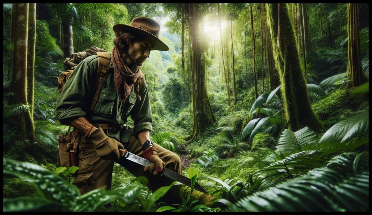 An image depicting a jungle explorer, dressed in a practical outdoor outfit including a wide-brimmed hat, using a machete to clear dense foliage in a thick jungle. The explorer is focused and determined, with a look of adventure in their eyes. The jungle around him is lush and vibrant, filled with various shades of green, and the light filters through the canopy above, creating a dappled effect on the ground. This scene captures the essence of exploration and the challenge of navigating through untamed nature.