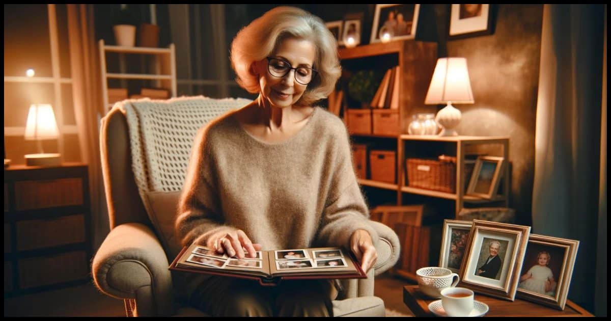 An older lady sitting in a plush rocking chair looking through a photo album on her lap. The scene is cozy with warm lighting, and there are a few framed photos and a small table with a cup of tea beside her. She has a gentle smile on her face, wearing glasses, and the room has a homely feel with a bookshelf and a soft rug.