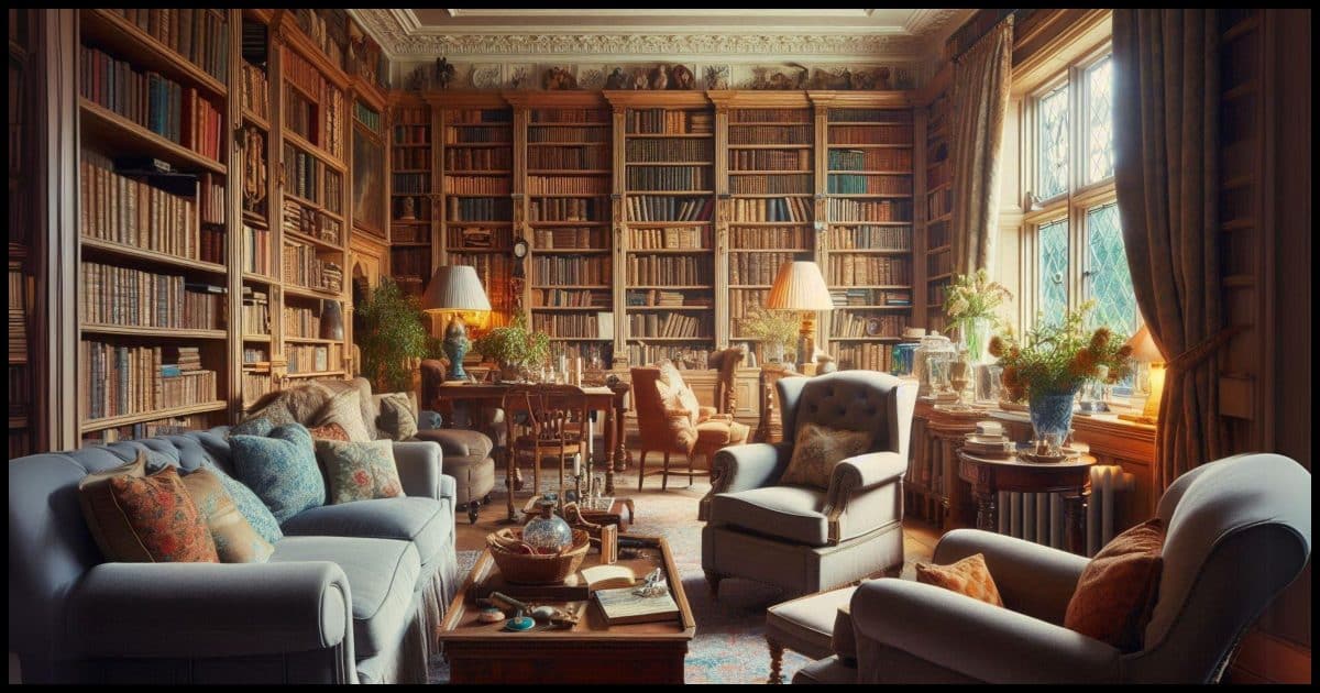 A comfortable home library room with overstuffed chairs, and books everywhere.