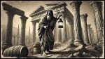 Diogenes of Sinope, the ancient Greek philosopher, holding a lantern and looking for an honest man, rendered in the style of a 1900s newspaper.