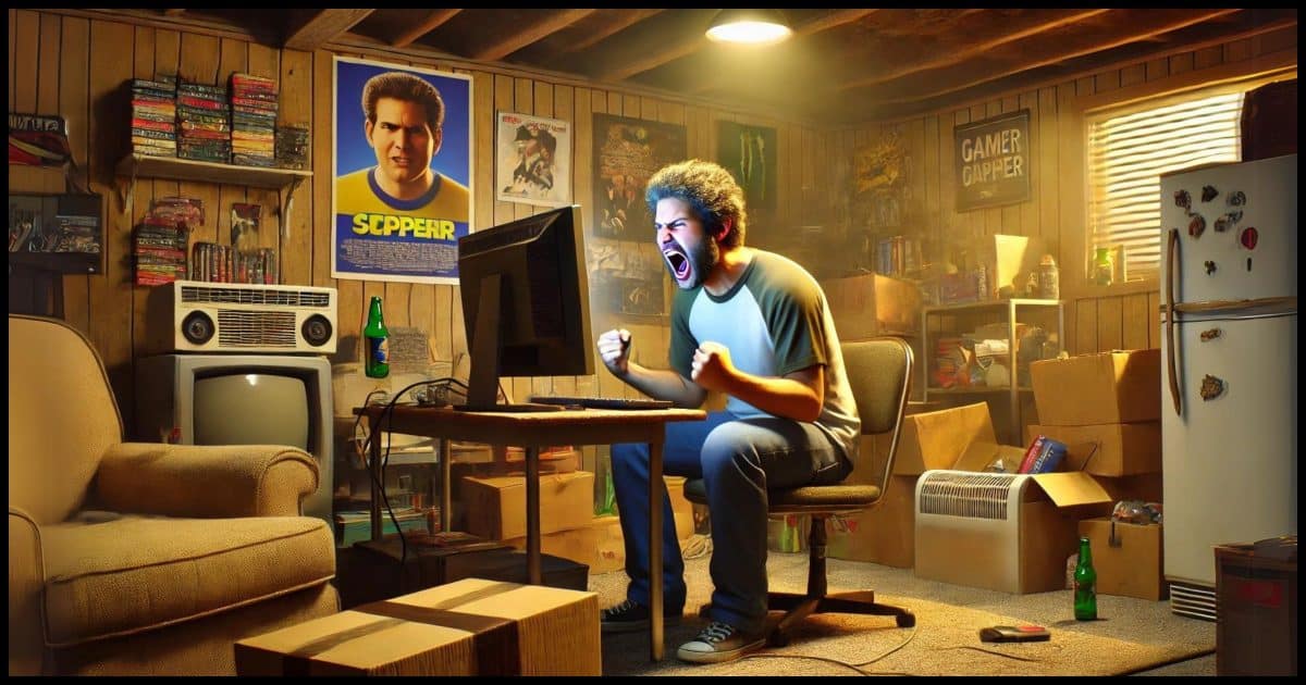 A stereotypical 30-year-old man in his parents' basement, sitting at a computer and yelling at it. The basement is cluttered with old furniture, boxes, and gaming posters on the walls. The man has a frustrated expression, with his mouth open in a yell, furrowed brows, and clenched fists. The lighting is dim, with a single overhead light casting shadows.