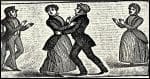 A 19th century British newspaper-style woodcut image depicting two people awkwardly approaching each other as if unsure whether to hug.