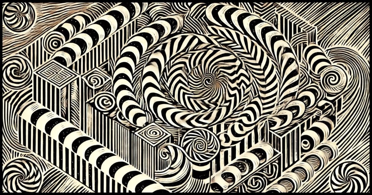 A woodcut-style illustration of an optical illusion. The design includes intricate, repeating patterns and impossible shapes, such as twisting spirals and interlocking geometric forms, creating a mind-bending visual effect. 