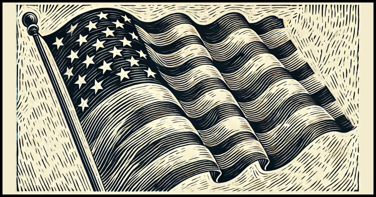 A waving United States style flag, capturing the texture and feel of traditional woodcut art. The flag appears in motion with stylized lines representing fabric folds, and the stars and stripes are bold and clear.