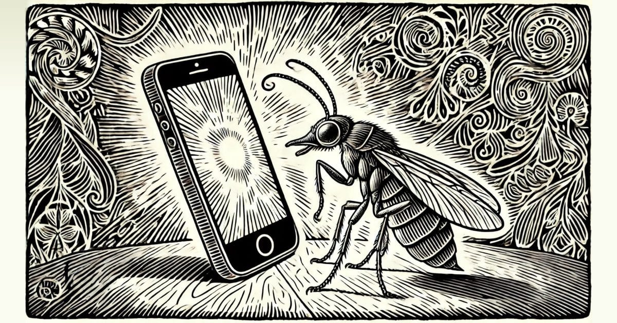 A whimsical woodcut-style illustration of a gnat curiously looking at a glowing mobile phone screen.