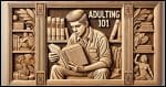 An individual sitting and reading a book titled 'Adulting 101.' The wooden relief is intricately designed with lifelike textures, showcasing the person's thoughtful expression and the book held in their hands.