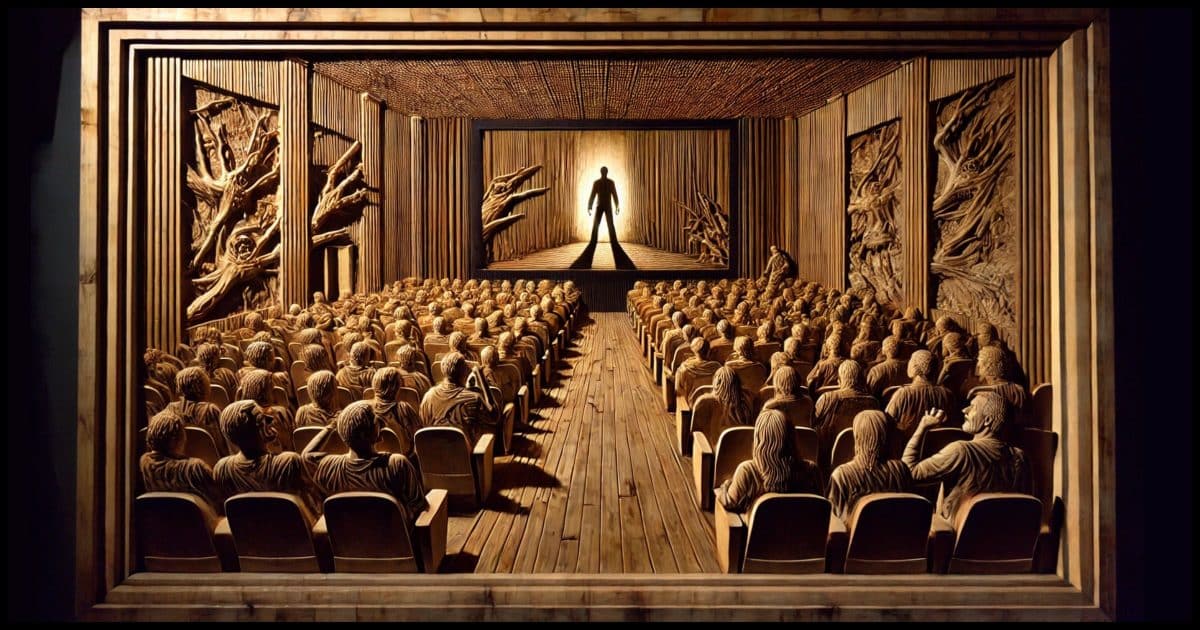 A crowded movie theater shown in dim lighting, with intricate wood-carved details of the audience leaning forward in their seats, screaming, and pointing at the screen. The screen displays a silhouetted character walking into a dark room.