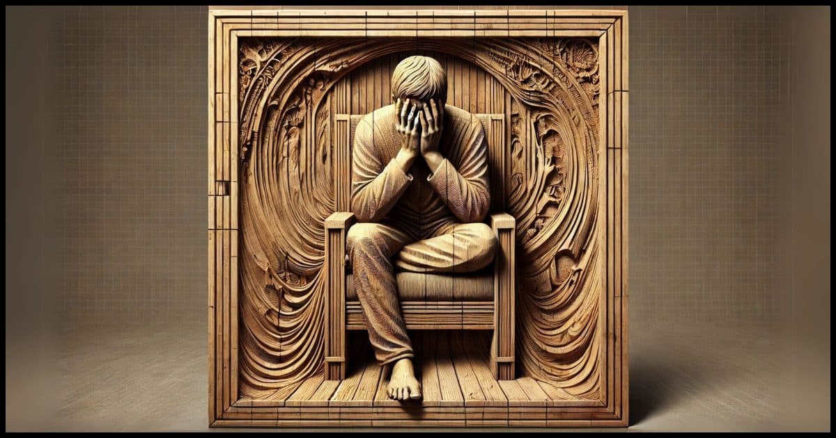 A person sitting in a chair, holding their head in their hands, with intricate woodgrain patterns and texture covering the entire piece. 