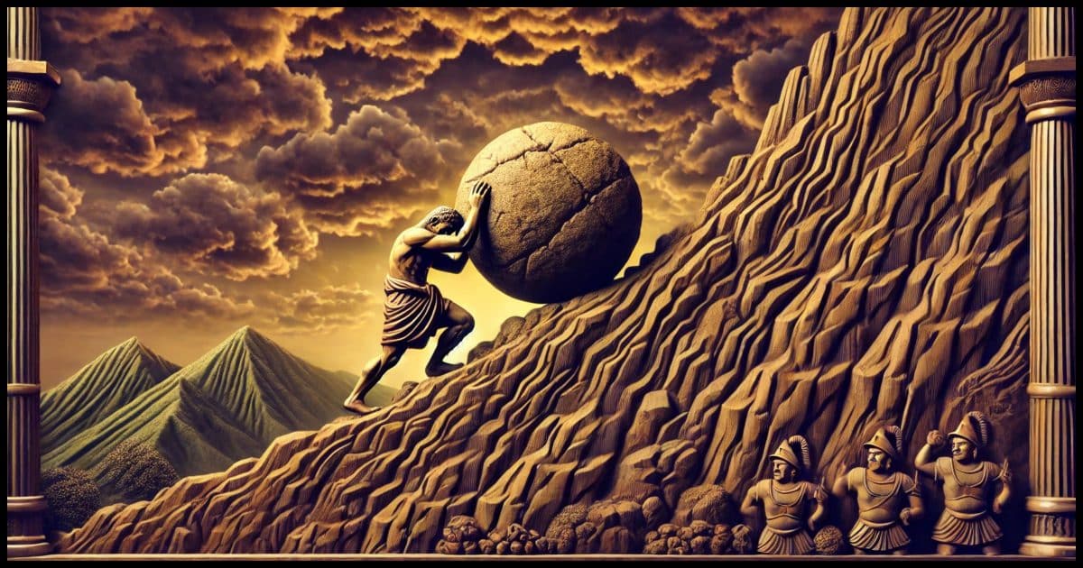 An artistic depiction of Sisyphus pushing a massive boulder up a steep hill in a traditional woodcarving style. 