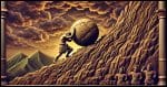 An artistic depiction of Sisyphus pushing a massive boulder up a steep hill in a traditional woodcarving style.