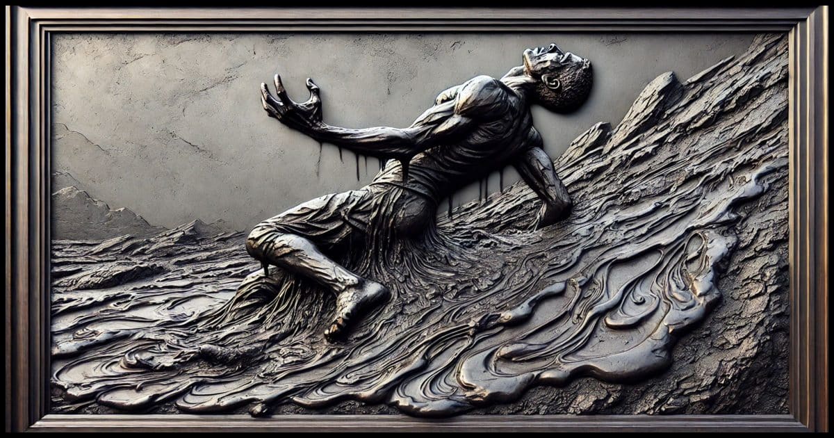 A carved relief art image of a person struggling to extricate themselves from a tar pit. The carving depicts the person in a dynamic and emotional pose, with their upper body and arms reaching upward as their legs and lower body are partially submerged in the viscous tar.