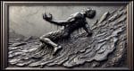 A carved relief art image of a person struggling to extricate themselves from a tar pit. The carving depicts the person in a dynamic and emotional pose, with their upper body and arms reaching upward as their legs and lower body are partially submerged in the viscous tar.