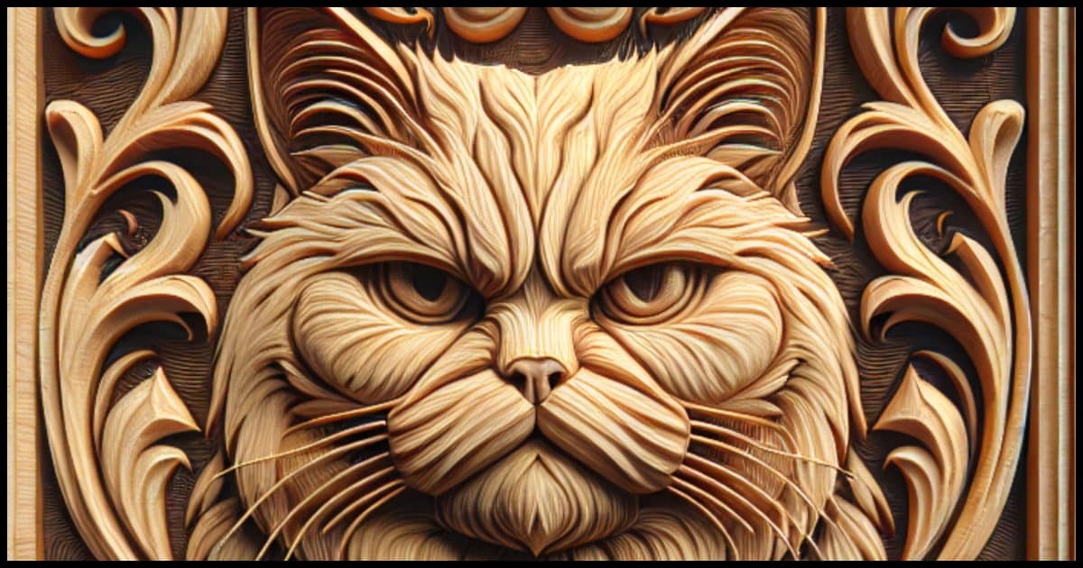 Carved wooden relief art of a grumpy cat