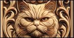 Carved wooden relief art of a grumpy cat