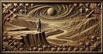 A carved wooden relief depicts a lone individual standing on a cliff, gazing at a vast expanse with rolling hills, a winding river, and a distant horizon. The night sky above is filled with intricately carved stars, symbolizing both the minuteness and connectedness of human existence within the cosmos.