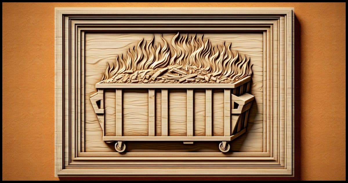 Carved wooden relief art of a dumpster fire.