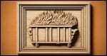 Carved wooden relief art of a dumpster fire.