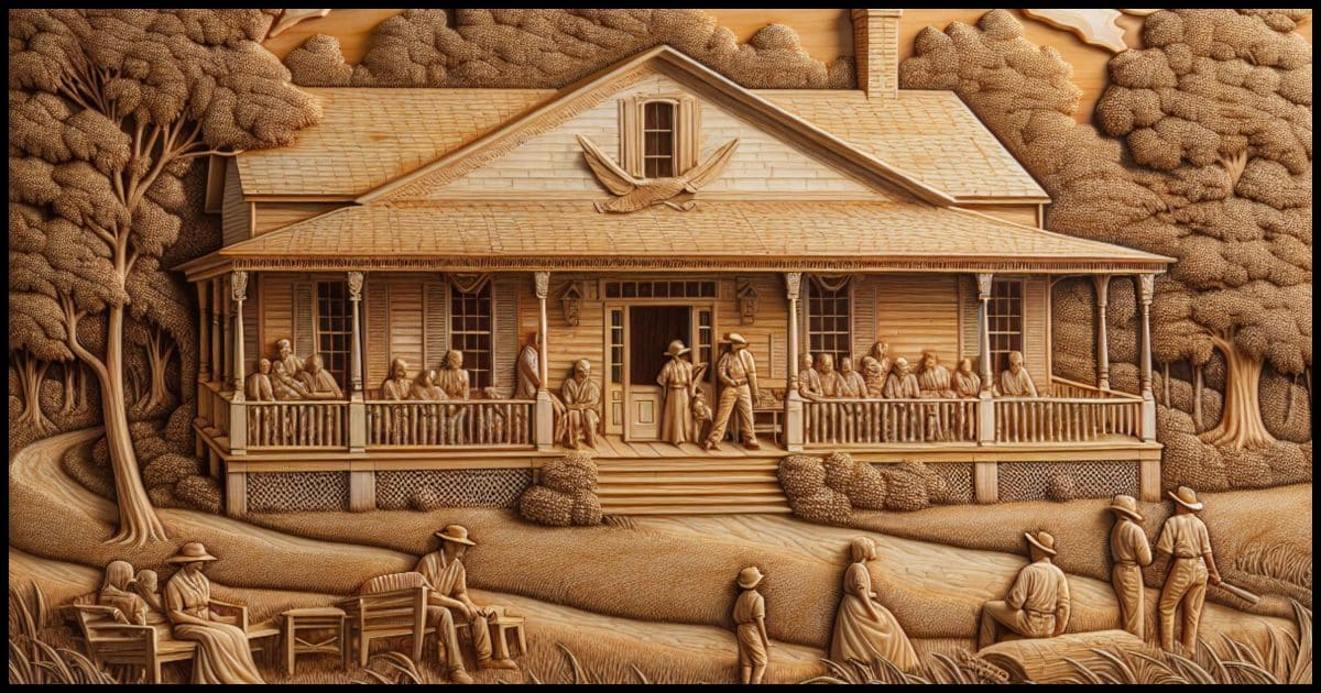 Carved wooden relief art of several people gathered on the front porch of a traditional southern home.