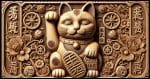 A detailed photorealistic carved wooden relief artwork of a Japanese lucky cat (Maneki-neko). The relief is finely crafted, showcasing intricate details in the cat's raised paw, facial features, and ornate collar with a bell. The carving includes traditional lucky symbols, such as coins and decorative engravings.