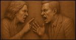 carved wooden relief art image of two people in vigorous debate.