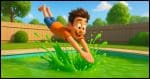 someone diving into a backyard swimming pool full of green goo