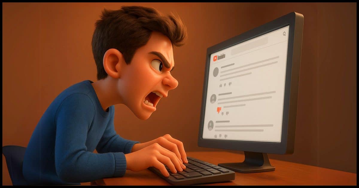 A young adult looking angry and dismissive typing on a computer that has a YouTube comment section on the screen.