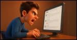 A young adult looking angry and dismissive typing on a computer that has a YouTube comment section on the screen.