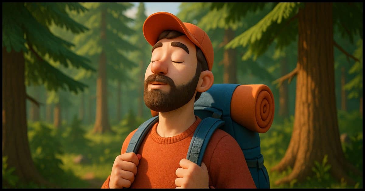 A hiker taking a deep breath.
