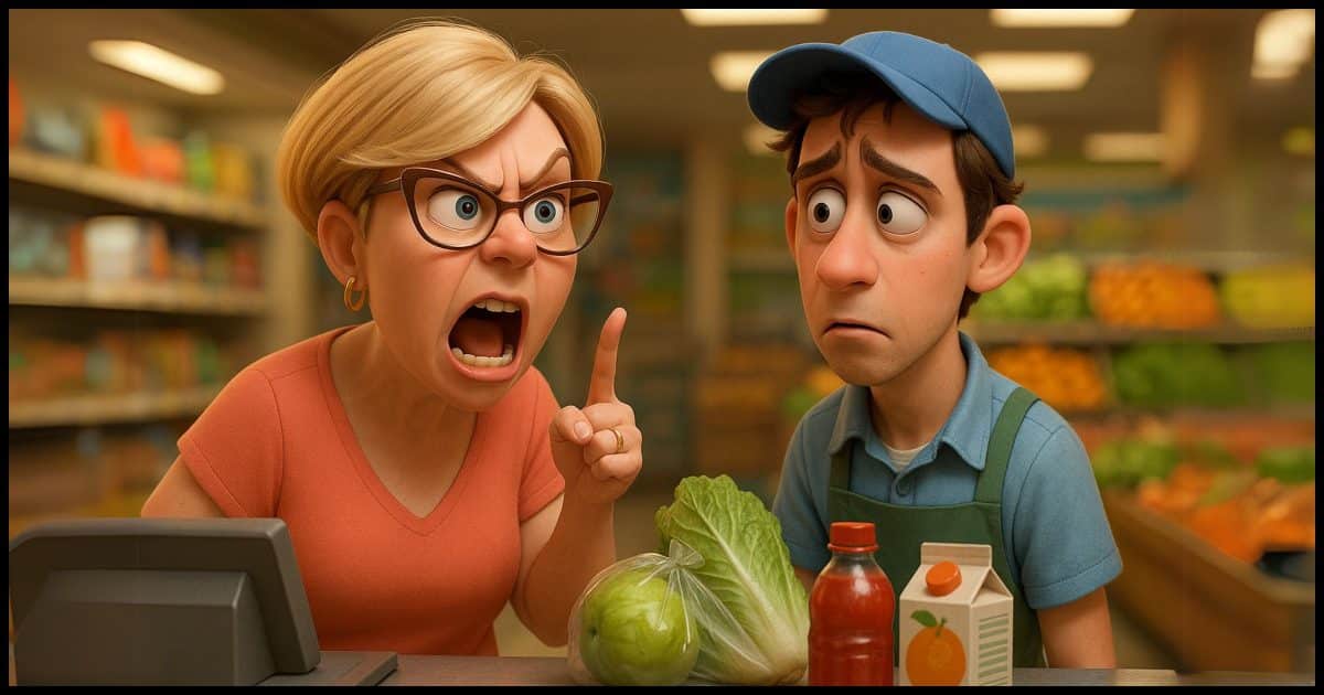 An angry customer complaining to a harried grocery store clerk.