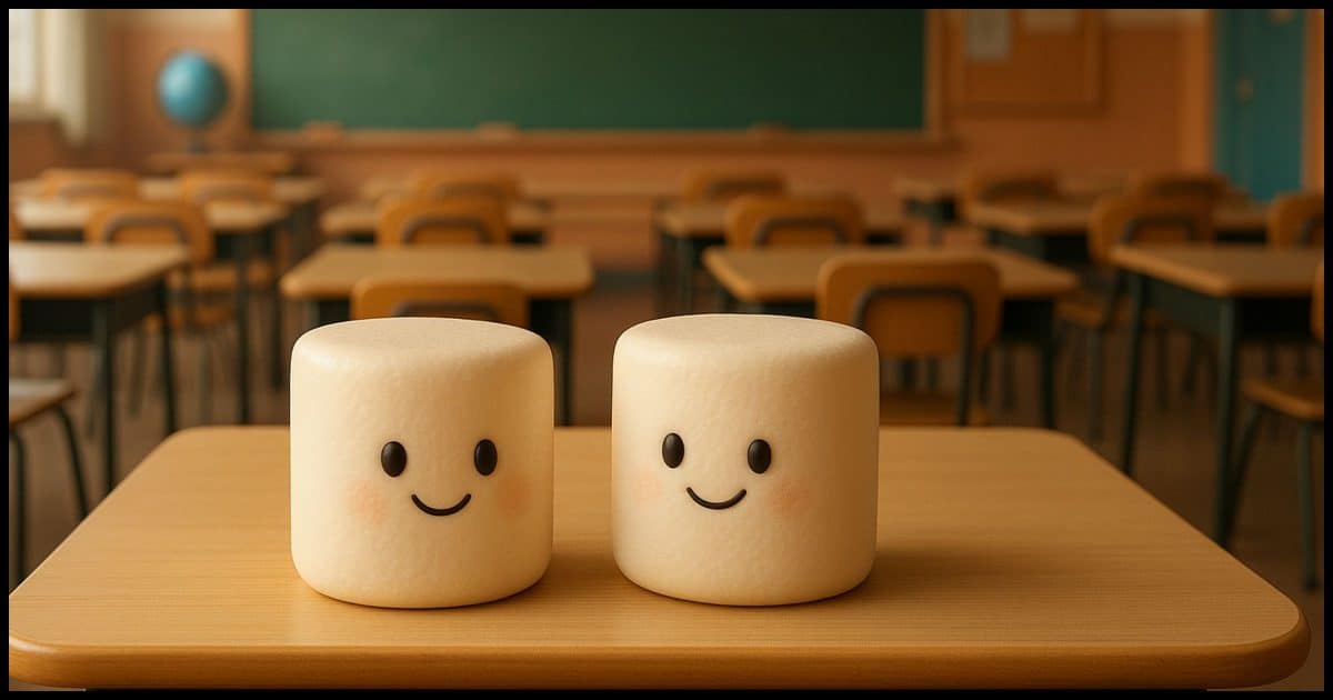 Two marshmallows siting on an otherwise empty table top in a gradeschool classroom.