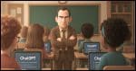 a classroom full of students each with laptops that clearly have ChatGPT on their screens. In the front of the class is a frustrated looking teacher.
