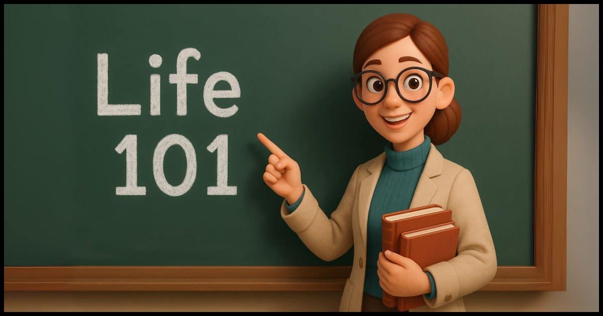 A female professor in front of a chalkboard, pointing to the phrase "Life 101" written on the chalkboard.