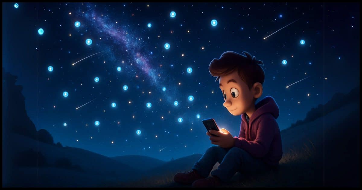 a lone person sitting on a quiet hillside at night, attention focused on the smartphone in their hand. The Milky Way stretches overhead like a glittering river, but the stars pulse gently—almost like glowing text bubbles or tiny flashing notifications—while shooting stars streak past.