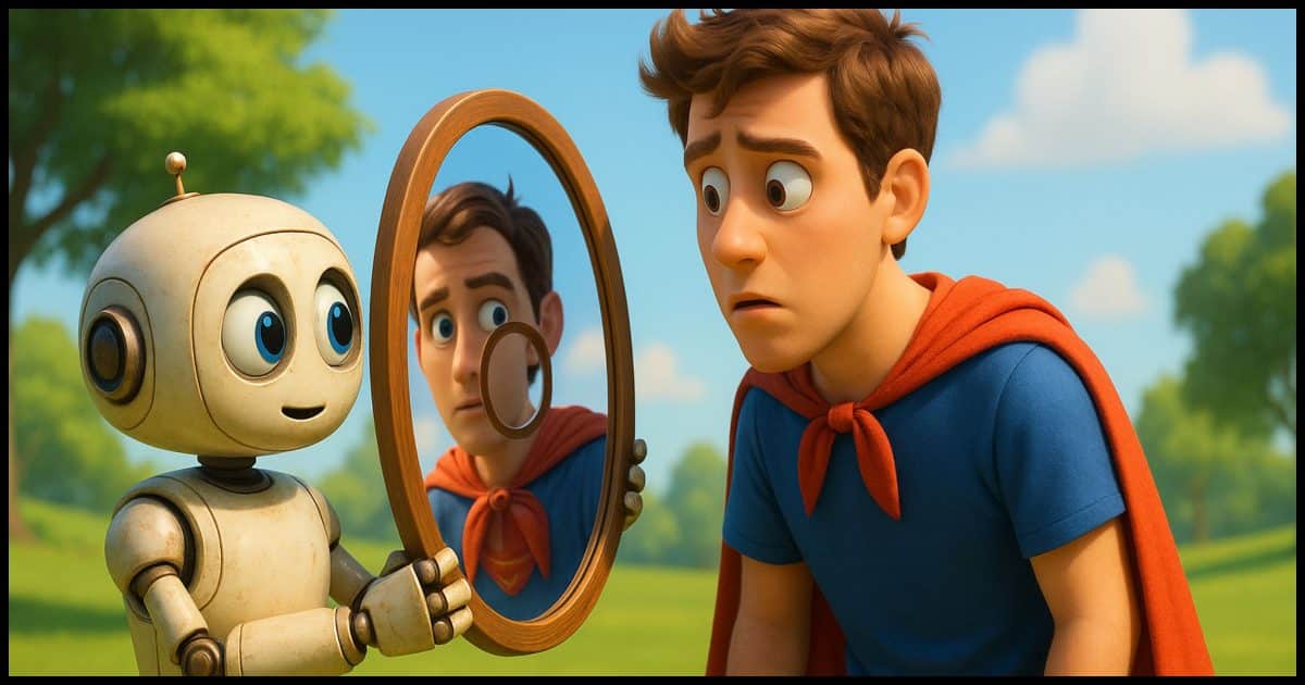 A childlike robot holding up a mirror to a human wearing a superhero cape