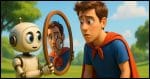 A childlike robot holding up a mirror to a human wearing a superhero cape