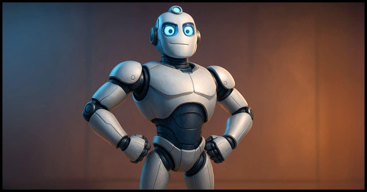 a sophisticated AI robot in a power-pose.
