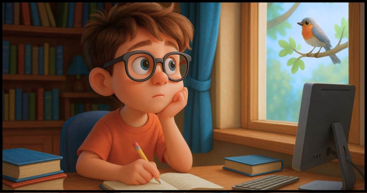 a young boy at a desk with a computer, books, and notepad in front of him while he stares out a nearby window at a bird on a tree branch.