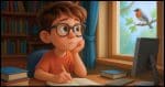 a young boy at a desk with a computer, books, and notepad in front of him while he stares out a nearby window at a bird on a tree branch.