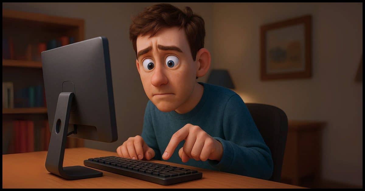 an individual at a computer hesitantly typing with a single extended finger