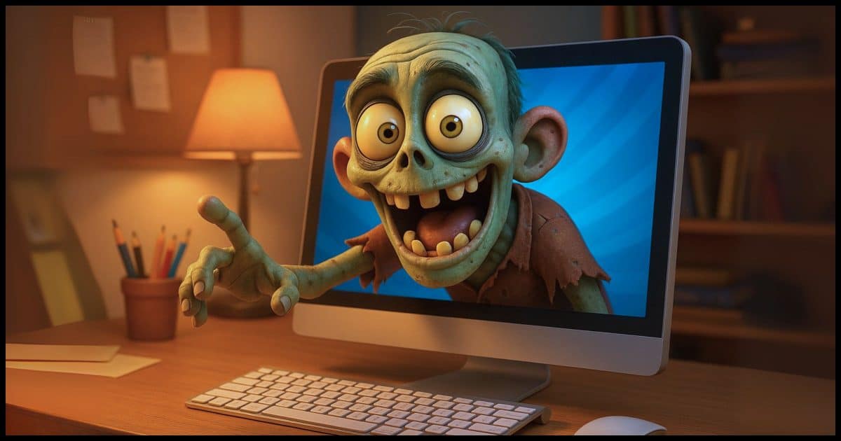 a cartoonish zombie emerging from a computer screen.