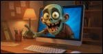 a cartoonish zombie emerging from a computer screen.